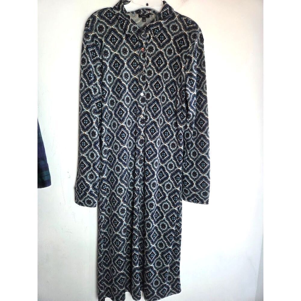 Talbots Navy Blue & Brown Ikat Tapestry Print Jersey Knit  Midi Shirt Dress 14